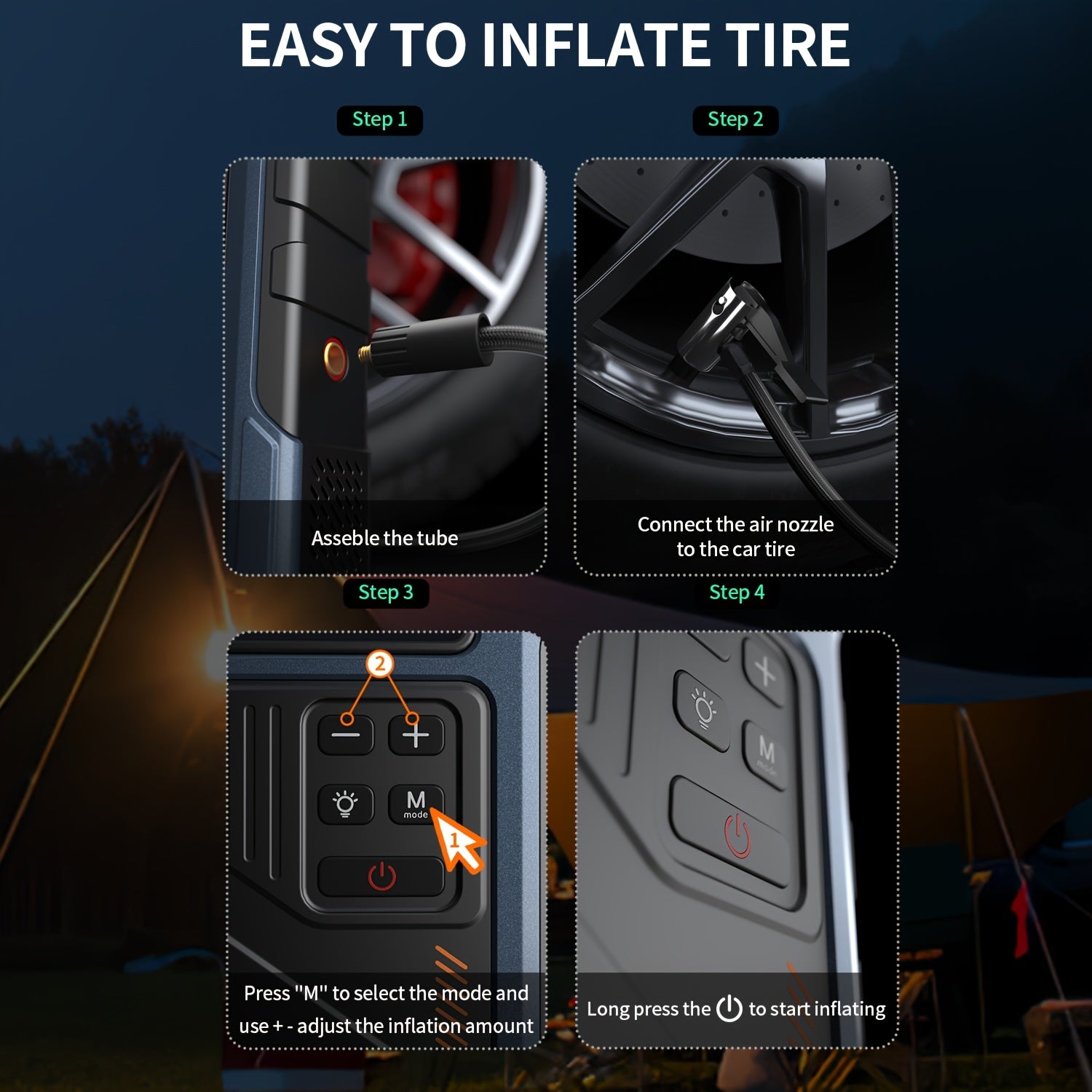 RoadRevive™ jump starter in black shown inflating a car tire with digital controls and air nozzle at night outdoors