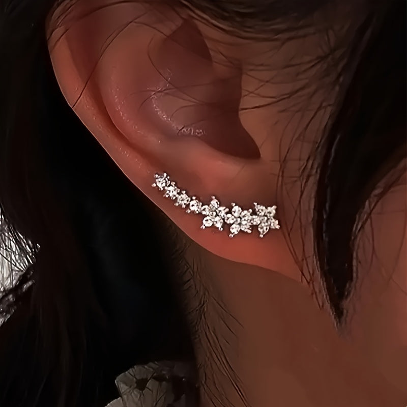HighPeak Ear Climber Earrings in silver with sparkling rhinestones elegantly hugging the ear for a lifted, glamorous look