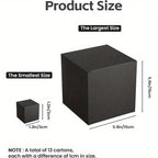 Prank Gift Box Set (13 Boxes) by HighPeak showing size comparison from smallest 1.2in to largest 5.9in black nesting boxes