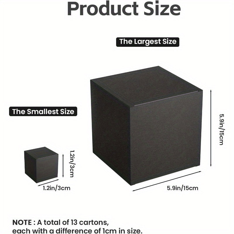 Prank Gift Box Set (13 Boxes) by HighPeak showing size comparison from smallest 1.2in to largest 5.9in black nesting boxes