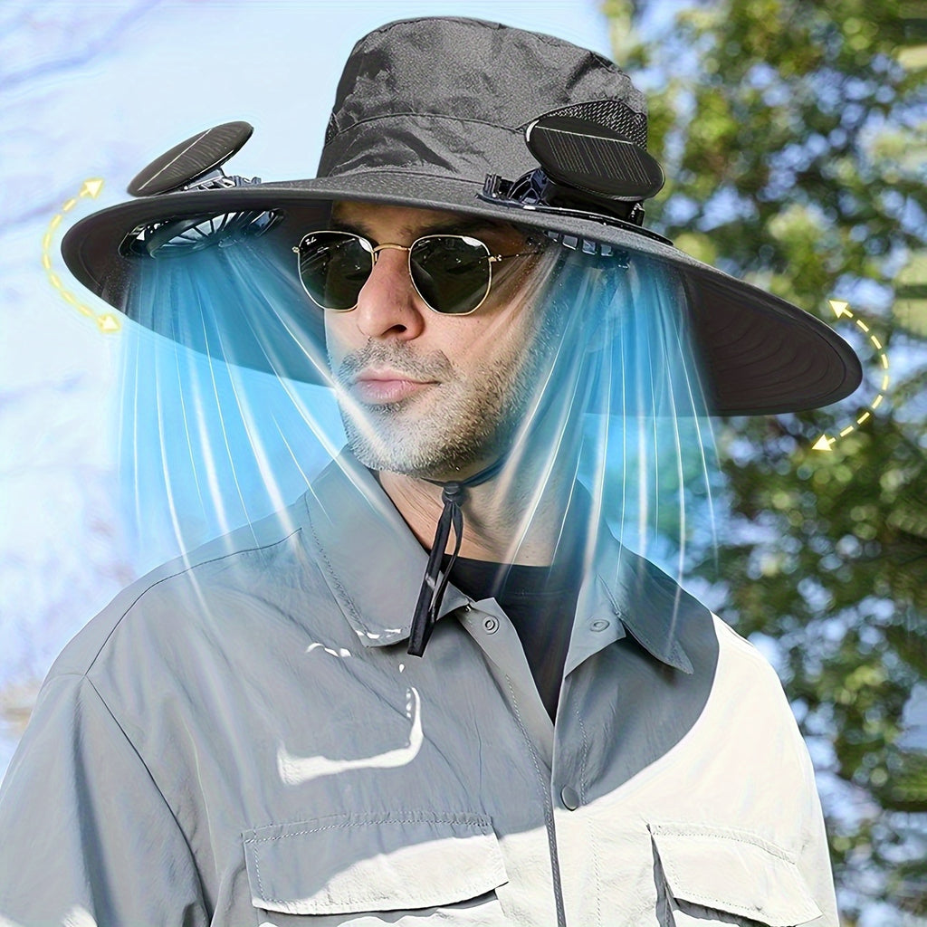 HighPeak Cooling Fan Sun Hat in gray worn outdoors with dual built-in fans providing breeze and sun protection