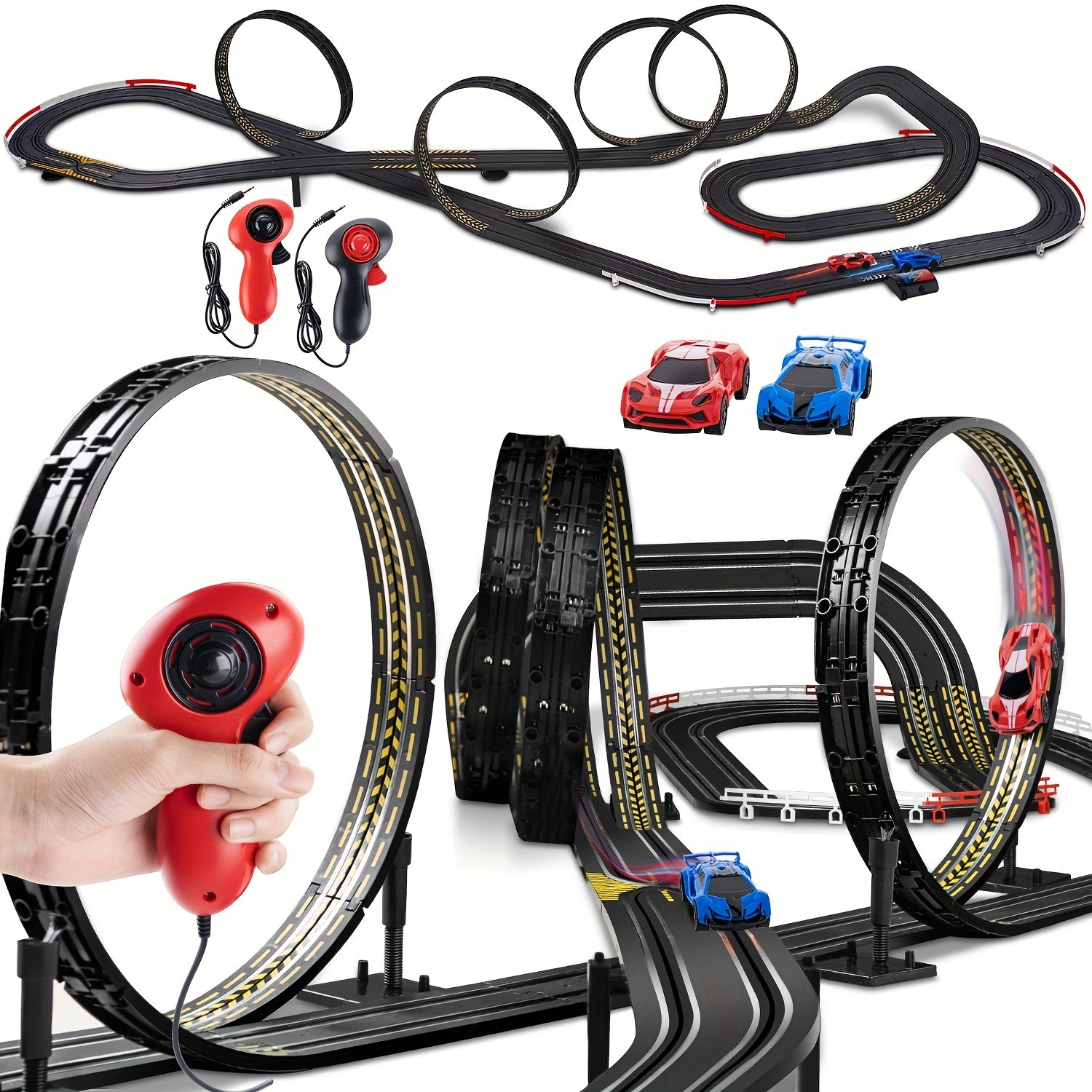 TurboLoop™ - Car Track Set by HighPeak with dual controllers, 5 mega loops, black track, and red and blue cars in action.