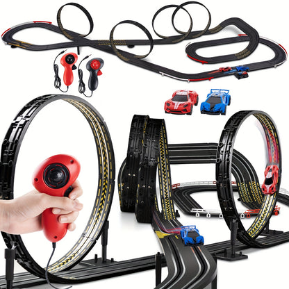 TurboLoop™ - Car Track Set by HighPeak with dual controllers, 5 mega loops, black track, and red and blue cars in action.