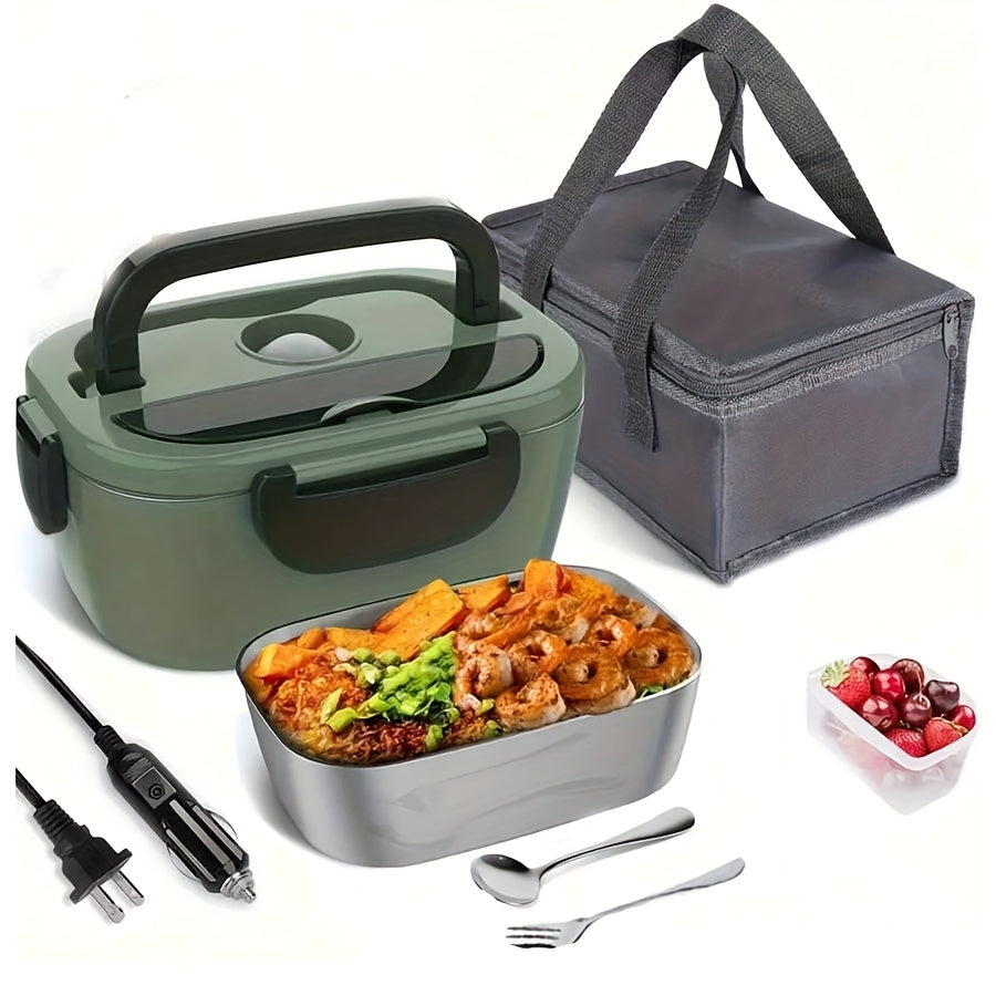 HeatMate™ electric lunch box in green with stainless steel tray, insulated bag, utensils, and dual power cords for on-the-go heating.