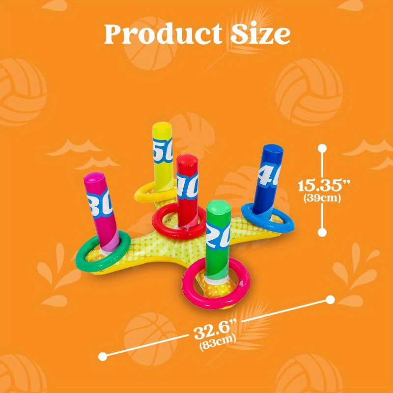 HighPeak 2-in-1 Inflatable Pool Toss Game with colorful rings and targets on orange background showing dimensions