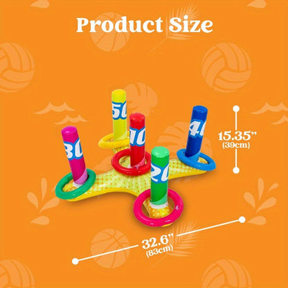 HighPeak 2-in-1 Inflatable Pool Toss Game with colorful rings and targets on orange background showing dimensions