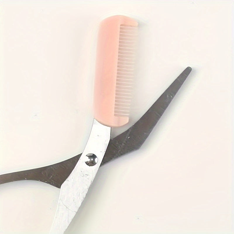 BrowCraft™ eyebrow trimming scissors with built-in pink comb and sharp silver blades by HighPeak on white background