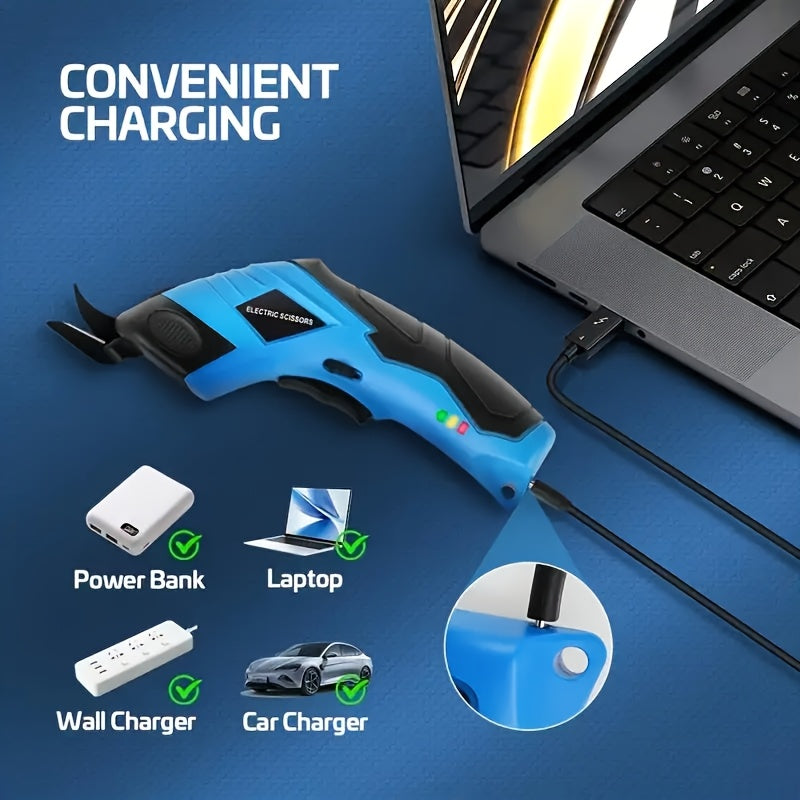 HighPeak Cordless Electric Scissors in blue charging via USB-C connected to a laptop with multiple power options shown
