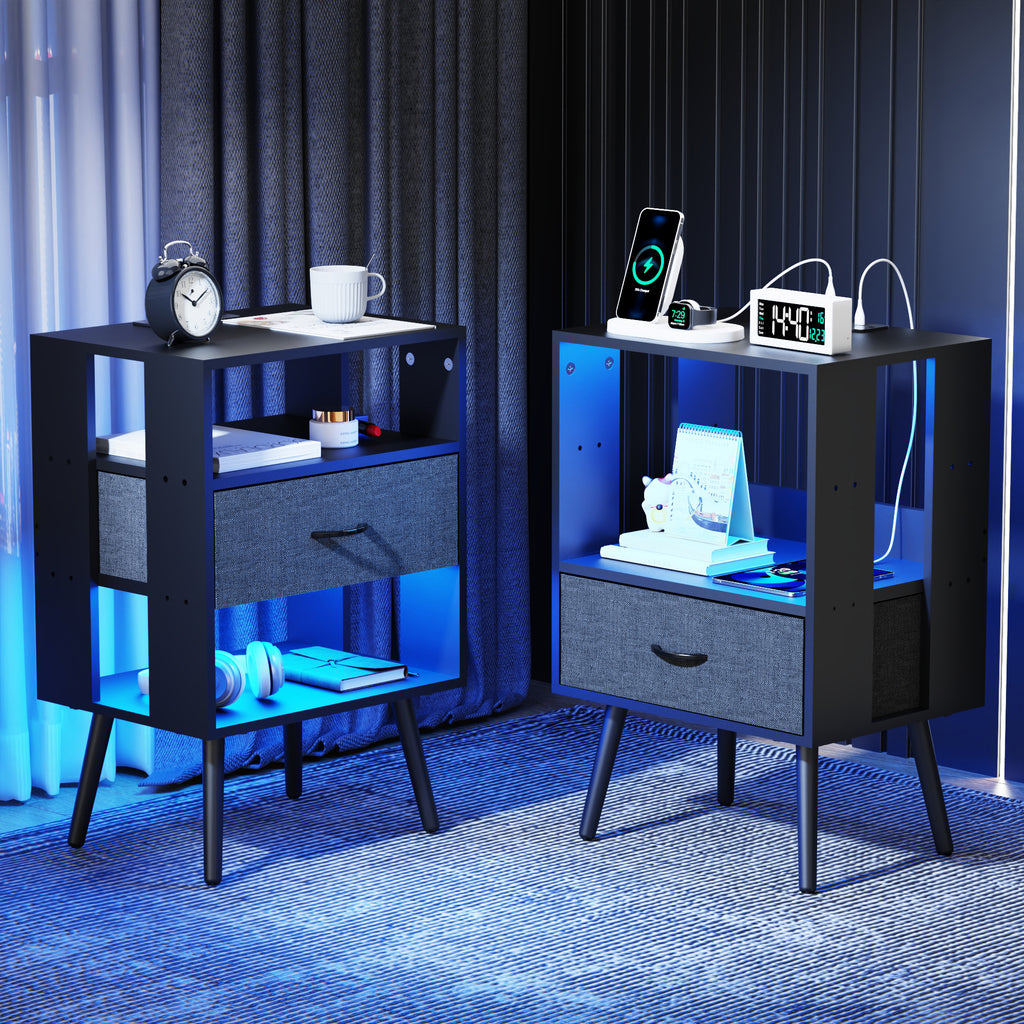 HighPeak Custom LED Nightstands - Set of 2 with adjustable blue LED glow, gray drawers, USB charging, mid-century legs in bedroom.