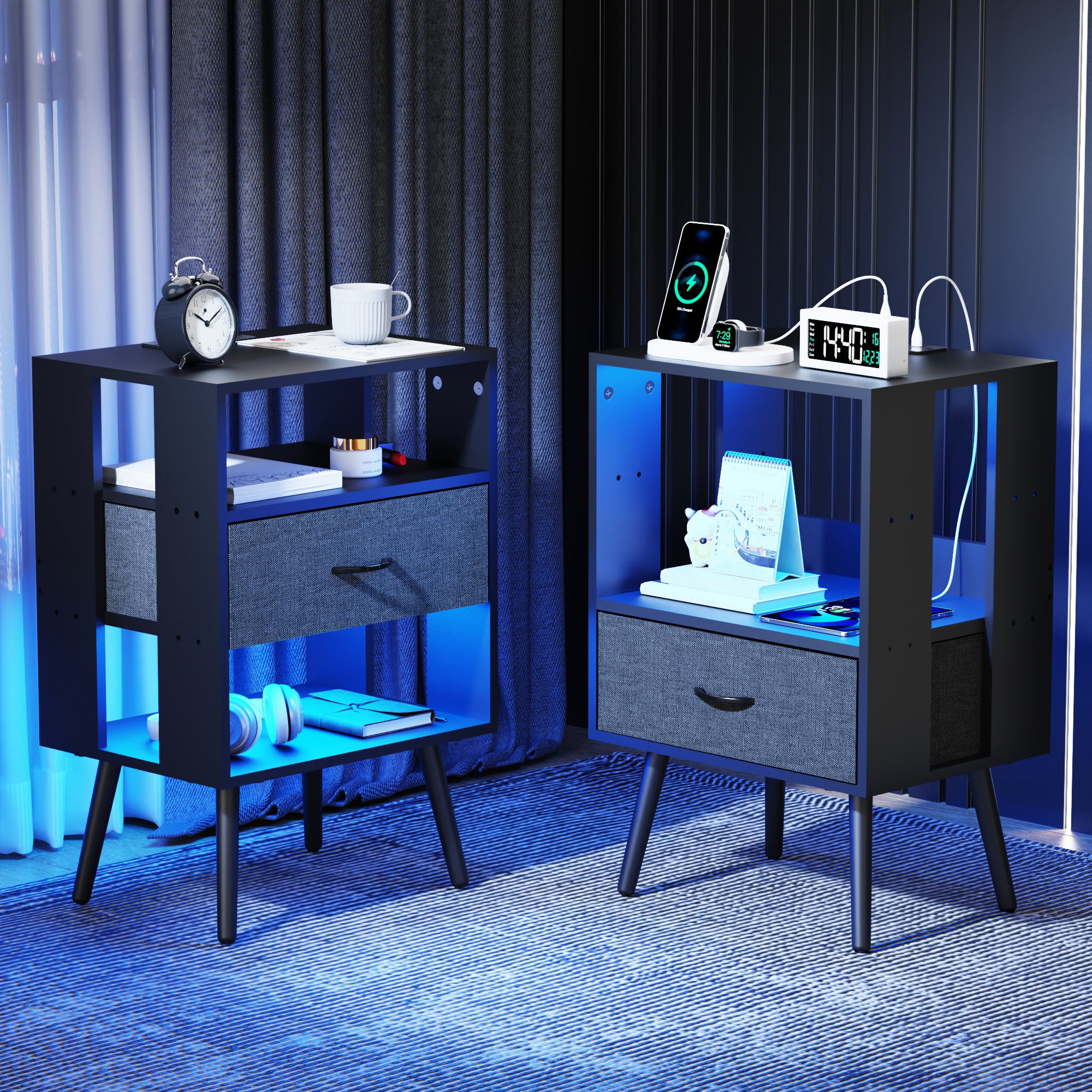 HighPeak Custom LED Nightstands - Set of 2 with adjustable blue LED glow, gray drawers, USB charging, mid-century legs in bedroom.