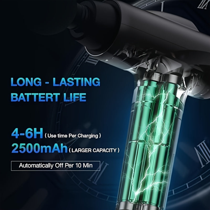 PulsePro™ Deep Tissue Massage Gun with visible battery cells, highlighting 2500mAh long-lasting power by HighPeak.