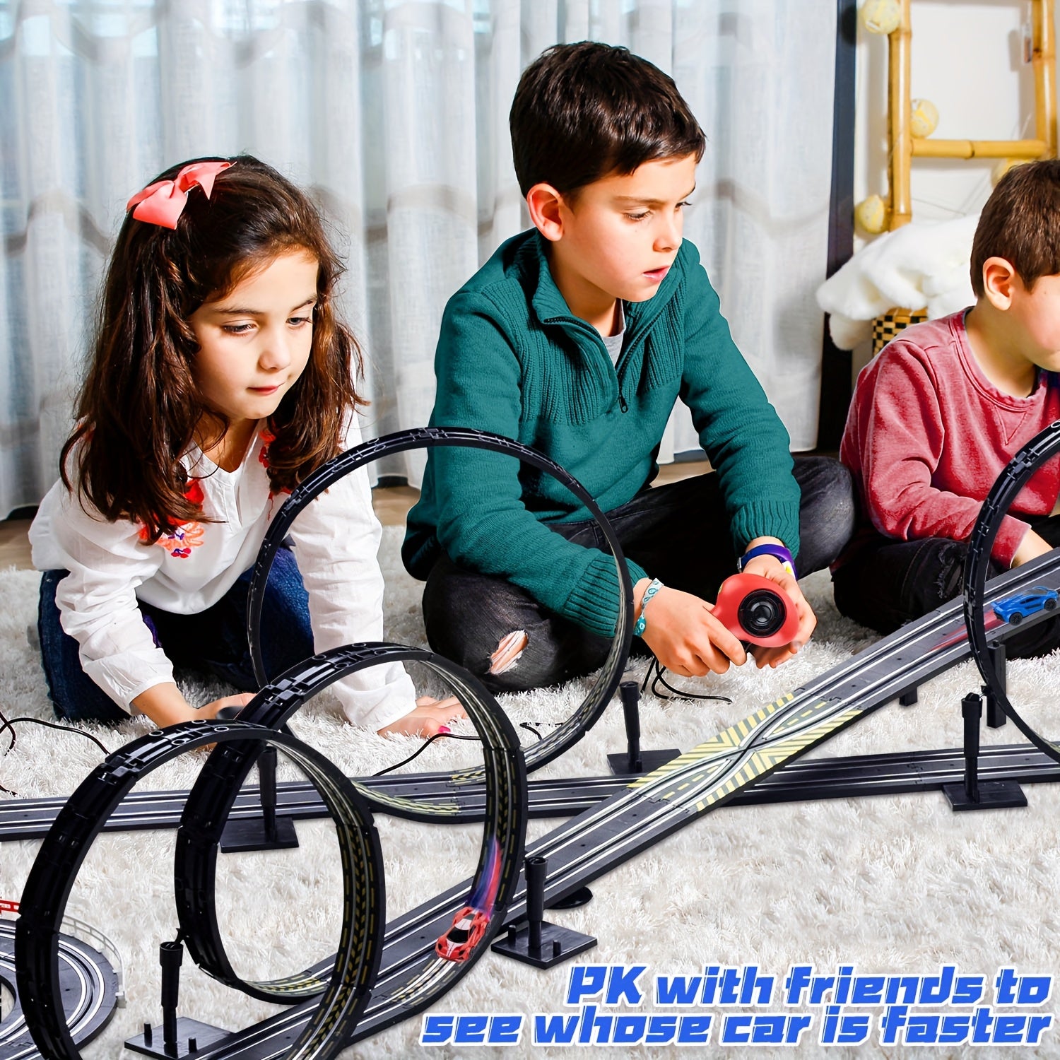 Children playing with HighPeak TurboLoop™ - Car Track Set featuring black snap-together loops and dual-controller racing on a carpeted floor.