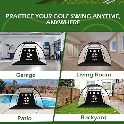 ProSwing Golf Net set up indoors and outdoors showing versatile 10x7ft hitting zone for golf practice anywhere