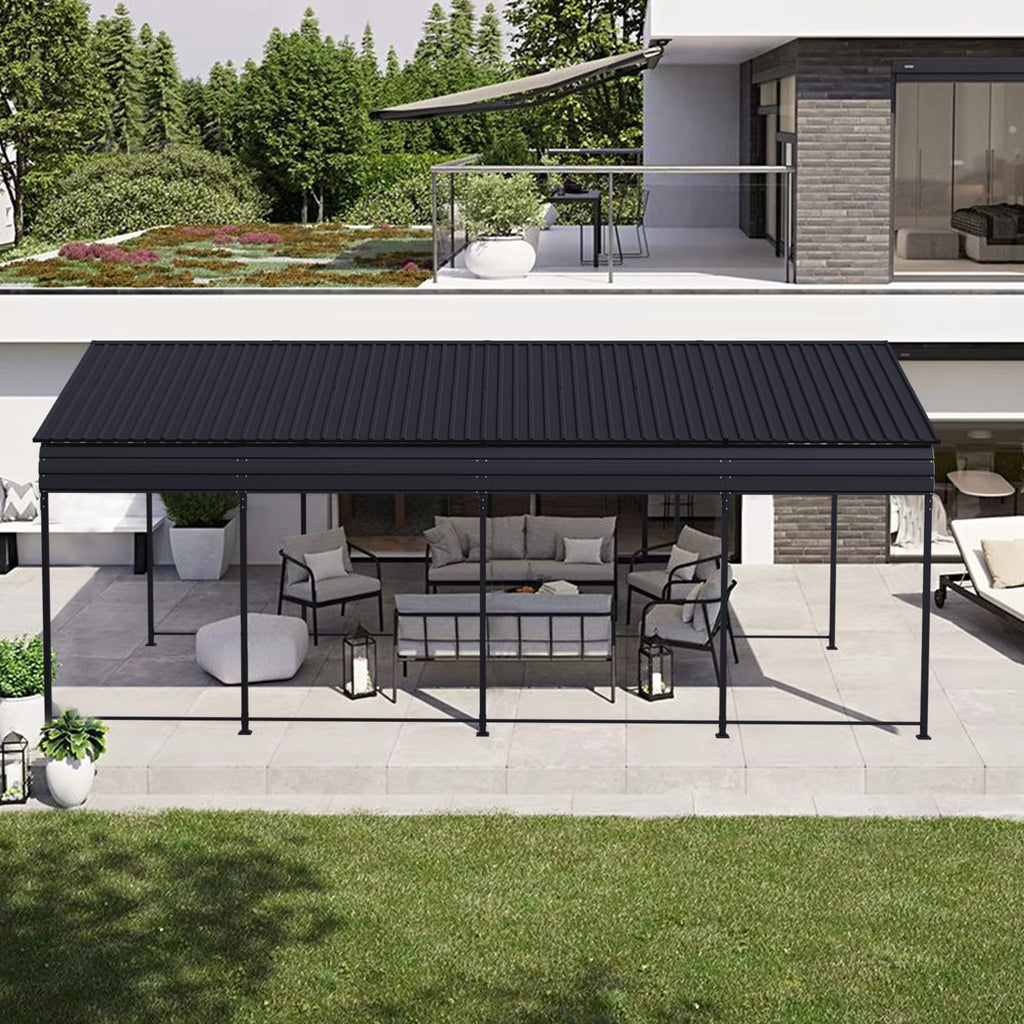 HighPeak Metal Carport in black with galvanized steel roof providing covered outdoor seating on a modern patio space