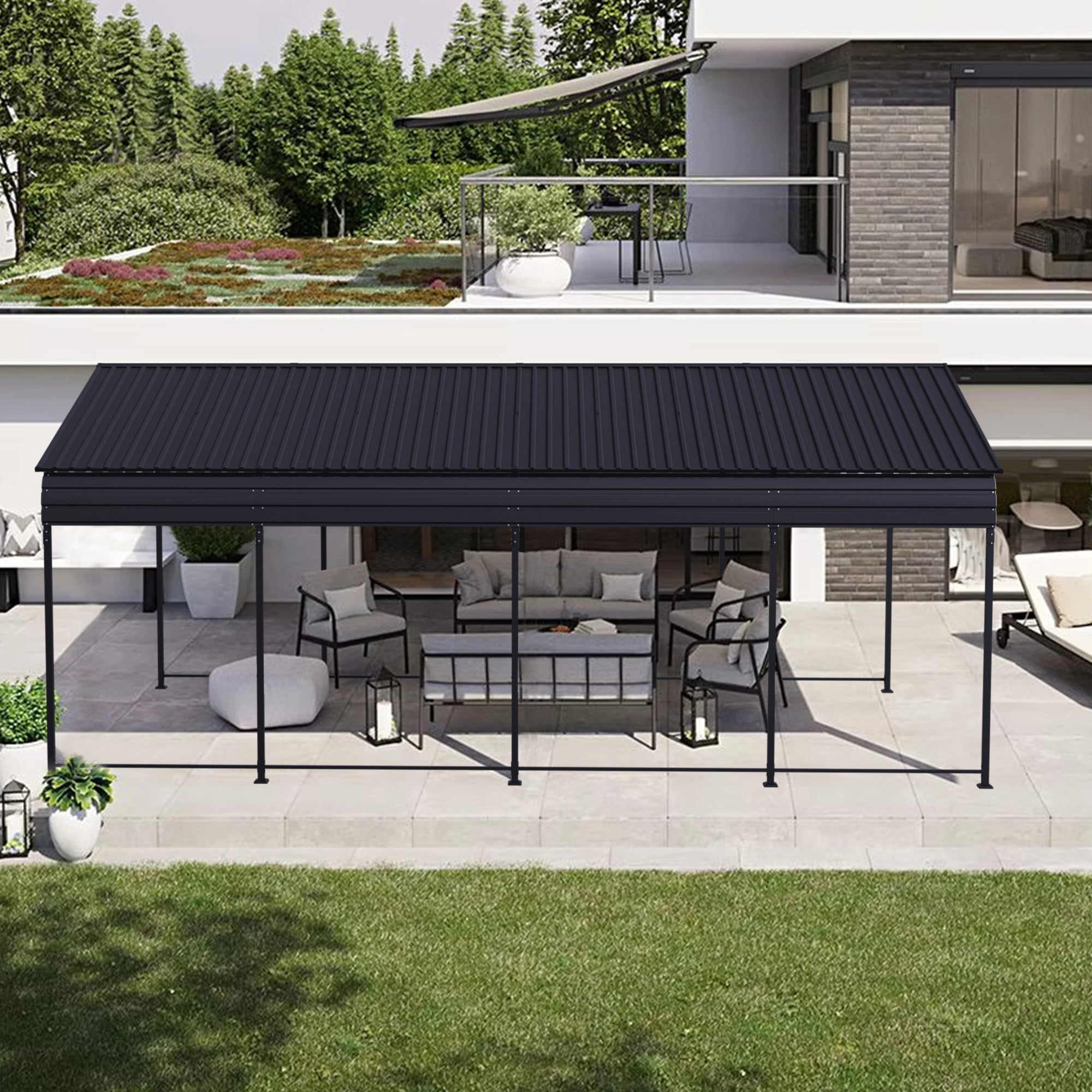 HighPeak Metal Carport in black with galvanized steel roof providing covered outdoor seating on a modern patio space