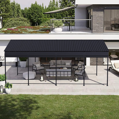 HighPeak Metal Carport in black with galvanized steel roof providing covered outdoor seating on a modern patio space