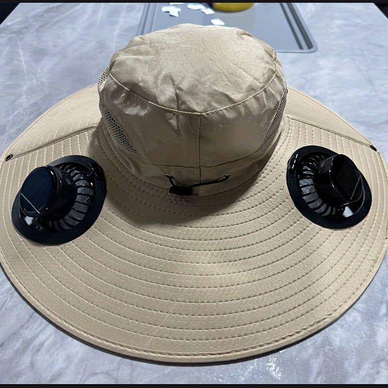 HighPeak Cooling Fan Sun Hat in beige with dual black fans and wide brim for sun protection and ventilation outdoors