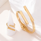 HighPeak Geometric Square Jewelry Set in sleek gold with bold square-bar design, featuring adjustable ring and bracelet on display.