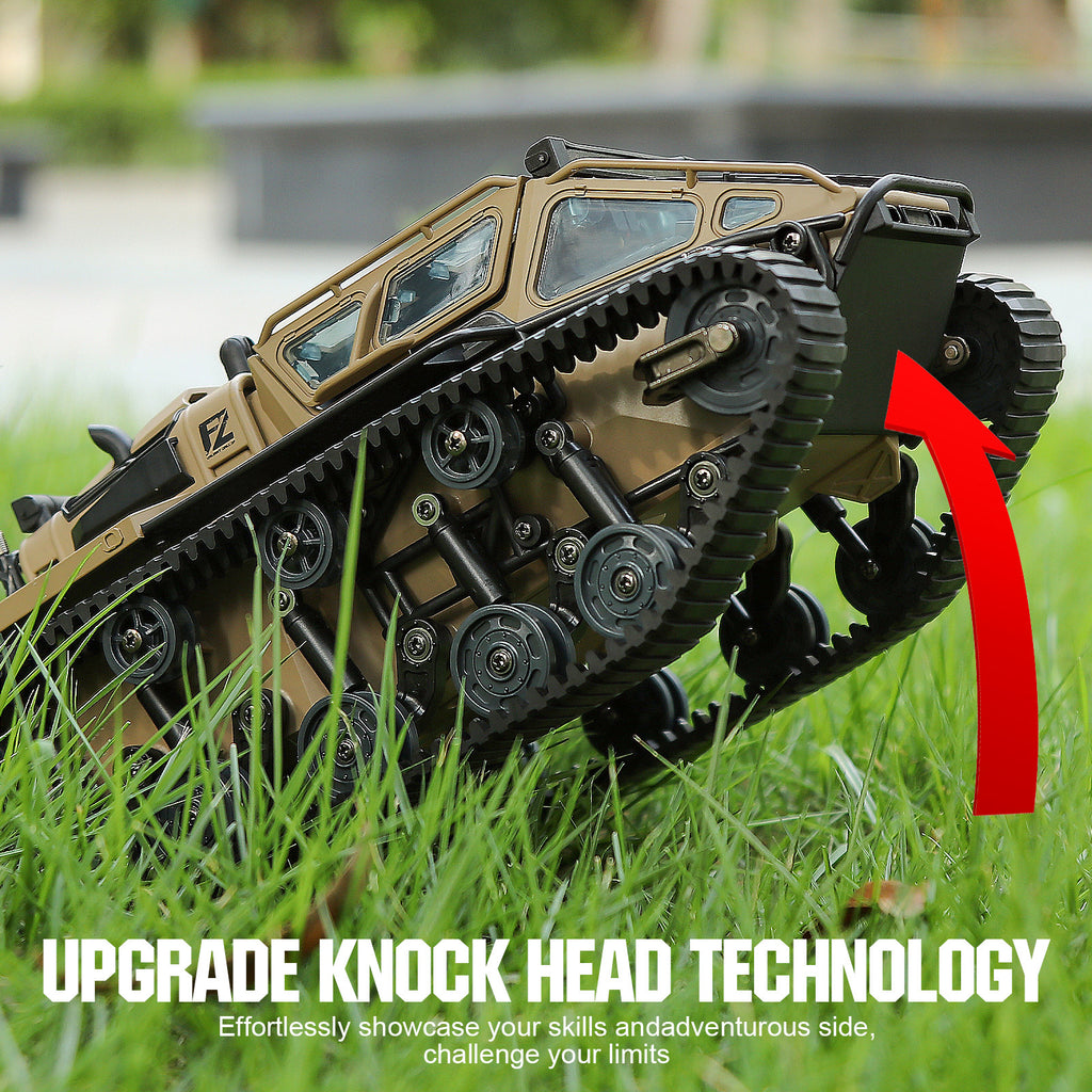 WarBeast RC Tank by HighPeak in tan with tracked treads climbing grass, showcasing upgrade knock head technology.