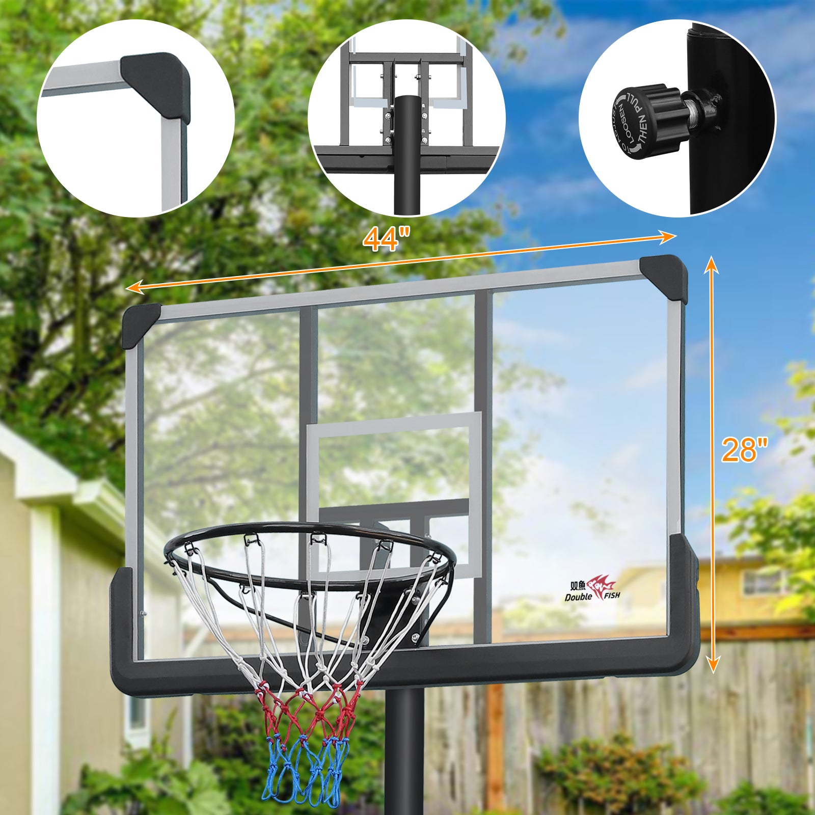 HighPeak Adjustable Basketball Hoop with 44-inch shatterproof backboard and durable rim set outdoors in backyard setting