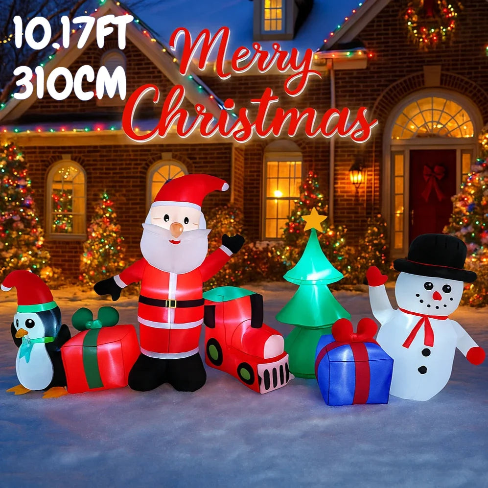 10.2FT Santa Christmas Train Inflatable 310 cm front display with Santa, penguin, snowman, tree, train, and gifts