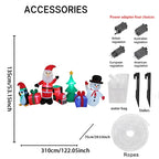 10.2FT Santa Christmas Train Inflatable accessory guide showing dimensions, plug options, water bag, stakes, and ropes