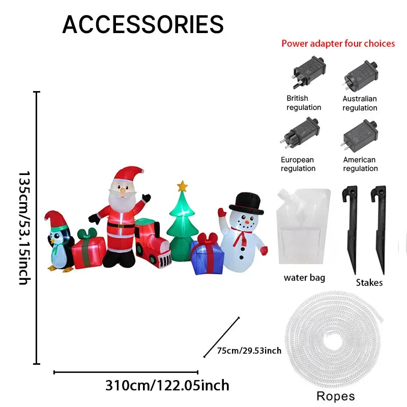 10.2FT Santa Christmas Train Inflatable accessory guide showing dimensions, plug options, water bag, stakes, and ropes