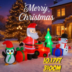 10.2FT Santa Christmas Train Inflatable front view with penguin, gifts, Santa, train, tree, and snowman