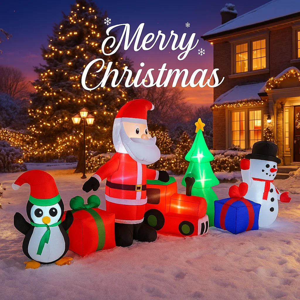 10.2FT Santa Christmas Train Inflatable glowing in a snowy front yard with the complete holiday character scene