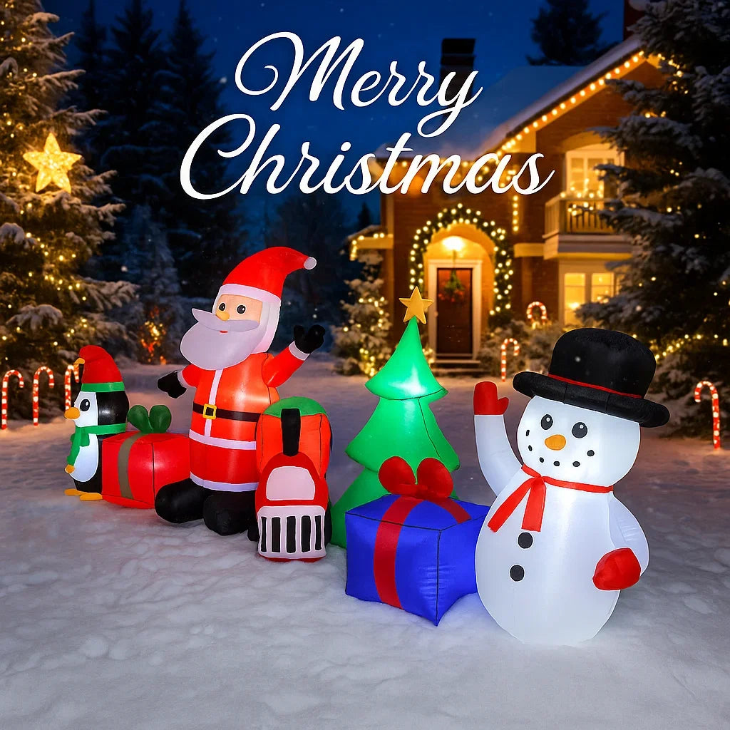 10.2FT Santa Christmas Train Inflatable illuminated at night with the full connected Christmas scene