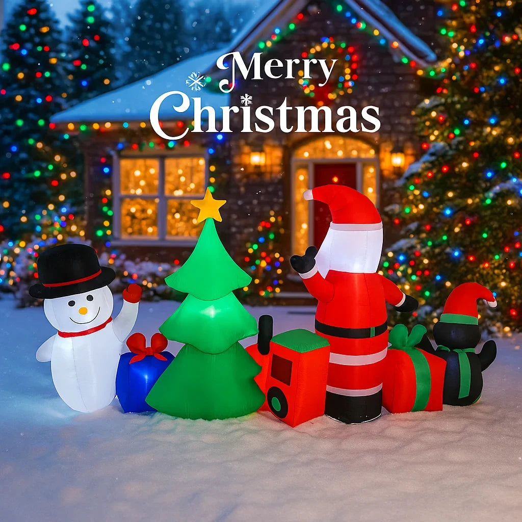 10.2FT Santa Christmas Train Inflatable rear view showing snowman, tree, Santa, train, gifts, and penguin