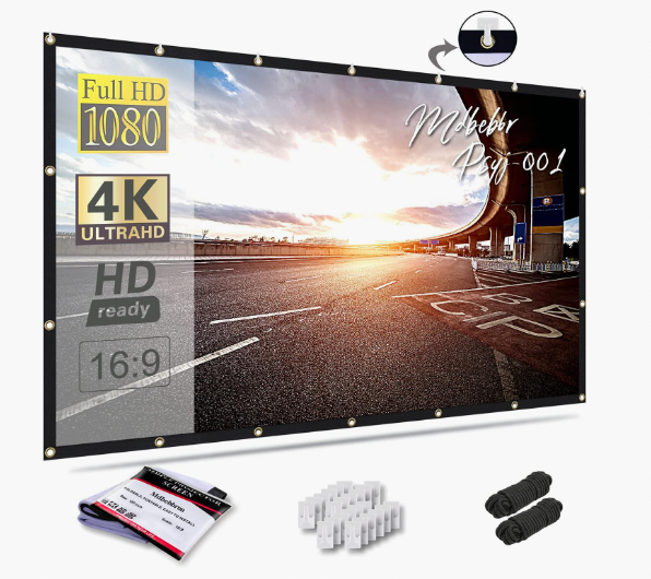 100-inch 4K projection screen with mounting hooks and clips shown against white background