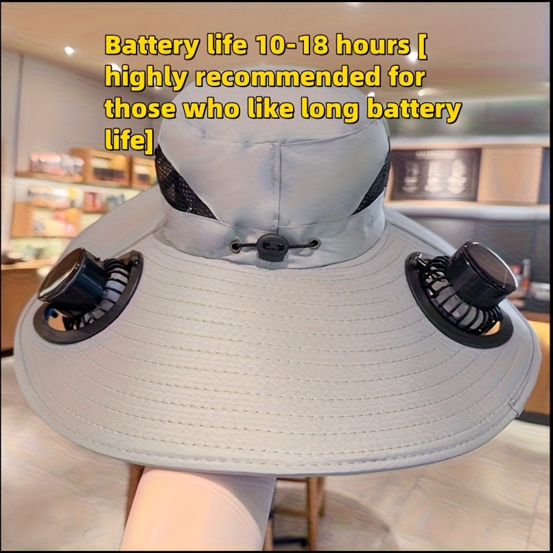 HighPeak Cooling Fan Sun Hat in light gray with dual fans and adjustable fit shown indoors with battery life note