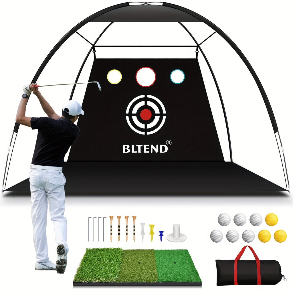 ProSwing Golf Net by HighPeak with black target net, golfer swinging, hitting mat, tees, balls, and carry bag setup indoors.