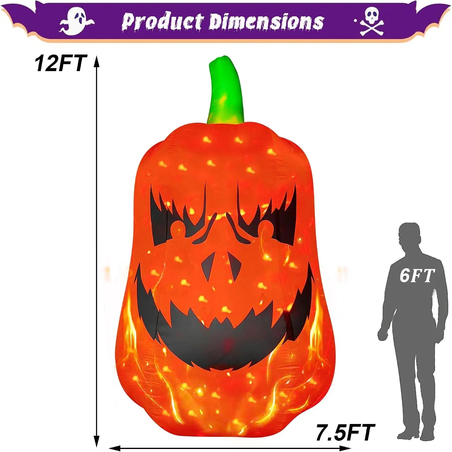 12FT Inflatable Jack-O’-Lantern size guide showing 12-foot height and 7.5-foot width