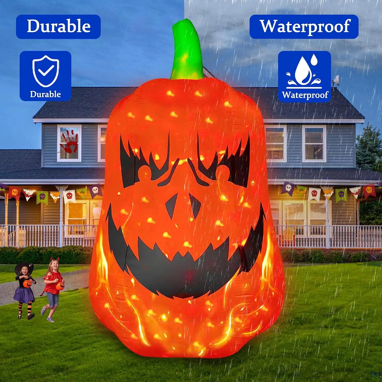 12FT Inflatable Jack-O’-Lantern outdoor display demonstrating waterproof polyester fabric
