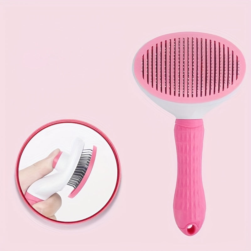 FurPop™ Self Cleaning Pet Brush in pink with soft bristles and comfy grip, featuring one-click hair removal by HighPeak