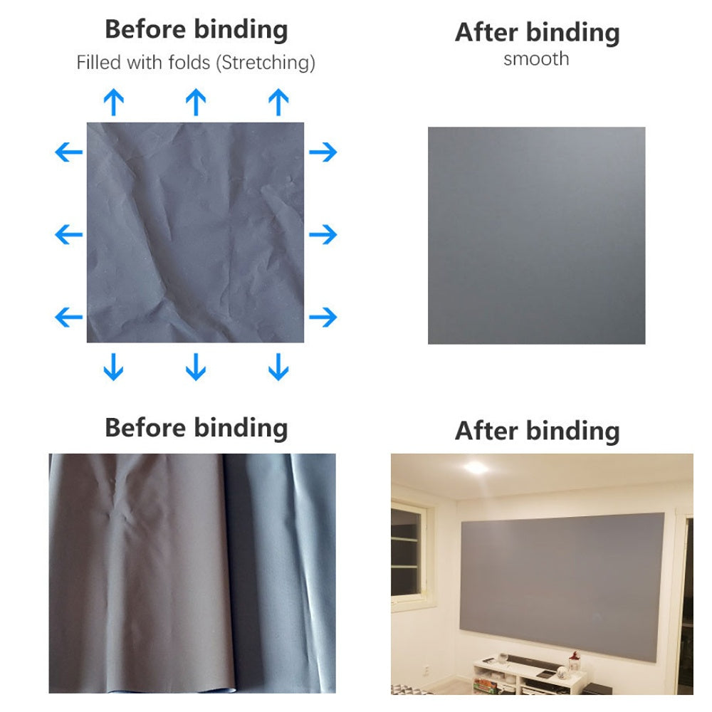 ClarityBoost Projector Screen showing wrinkle-free PET fabric before and after binding with smooth surface in a home theater setting