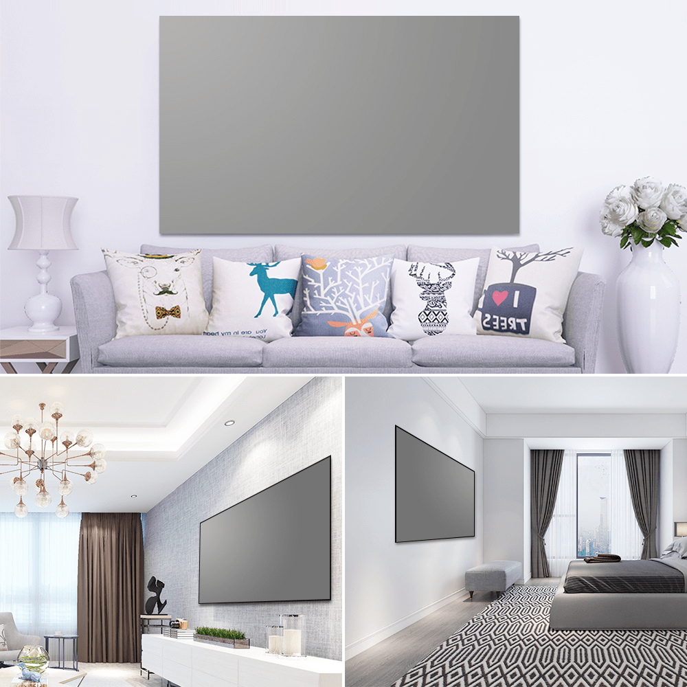 HighPeak ClarityBoost Projector Screen mounted in modern living room and bedroom, showcasing sleek, wrinkle-free design.