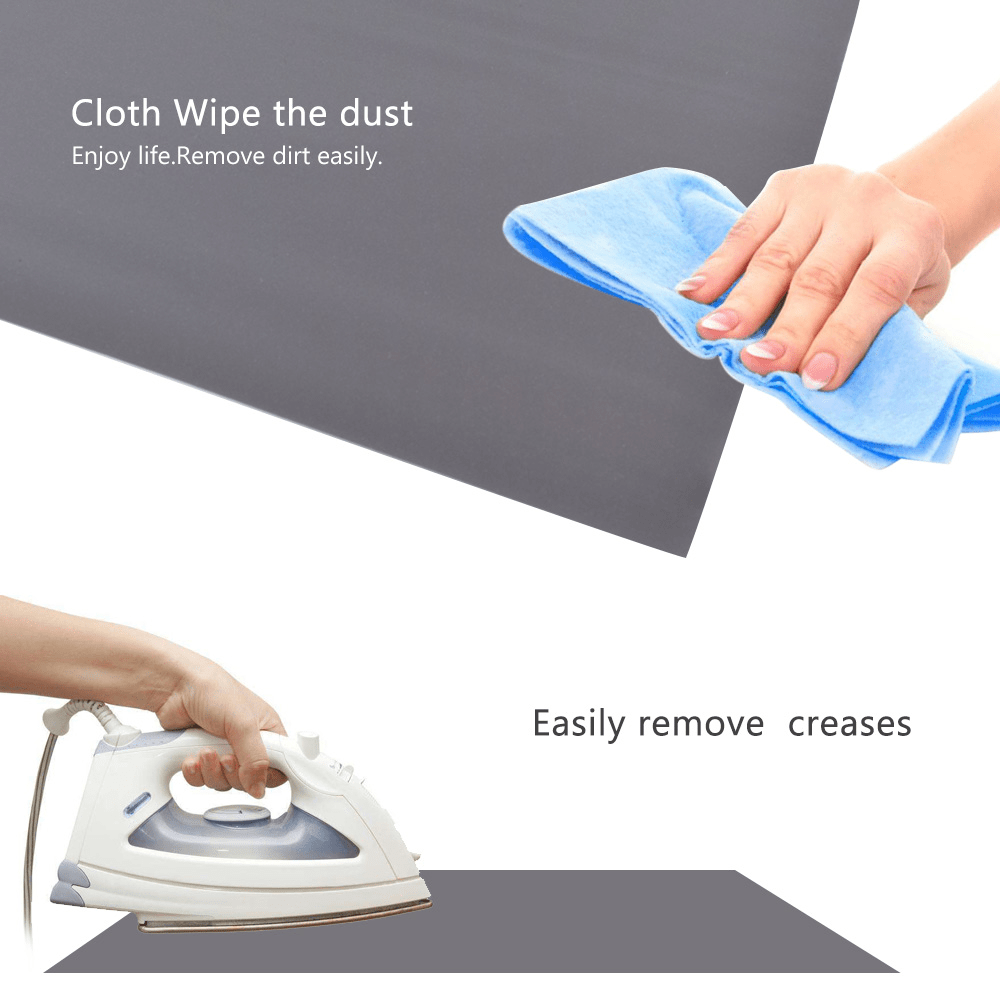 HighPeak ClarityBoost Projector Screen with dust wiping and crease removal using cloth and iron on a dark surface