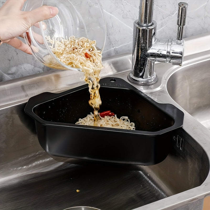 SinkMate™ Corner Strainer Basket in black stainless steel fits sink corner, straining noodles and draining water by HighPeak.