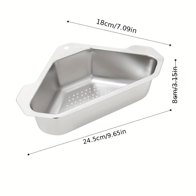 SinkMate™ - Corner Strainer Basket in stainless steel with corner-fit design and drain holes for kitchen sink use by HighPeak