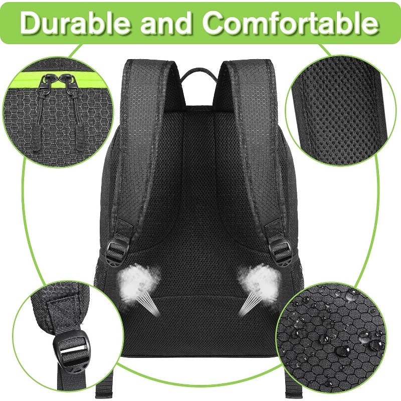 GearGoal™ All Sport Backpack in black showing padded straps, breathable back, and water-resistant fabric close-up