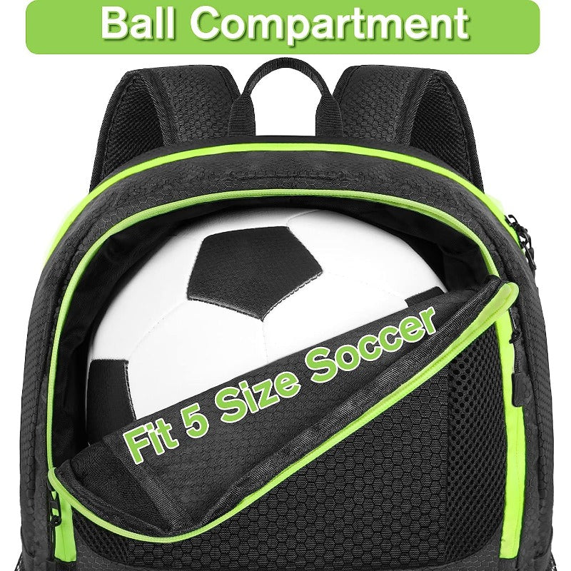 GearGoal™ All Sport Backpack in black with neon trim showing built-in ball compartment holding size 5 soccer ball.