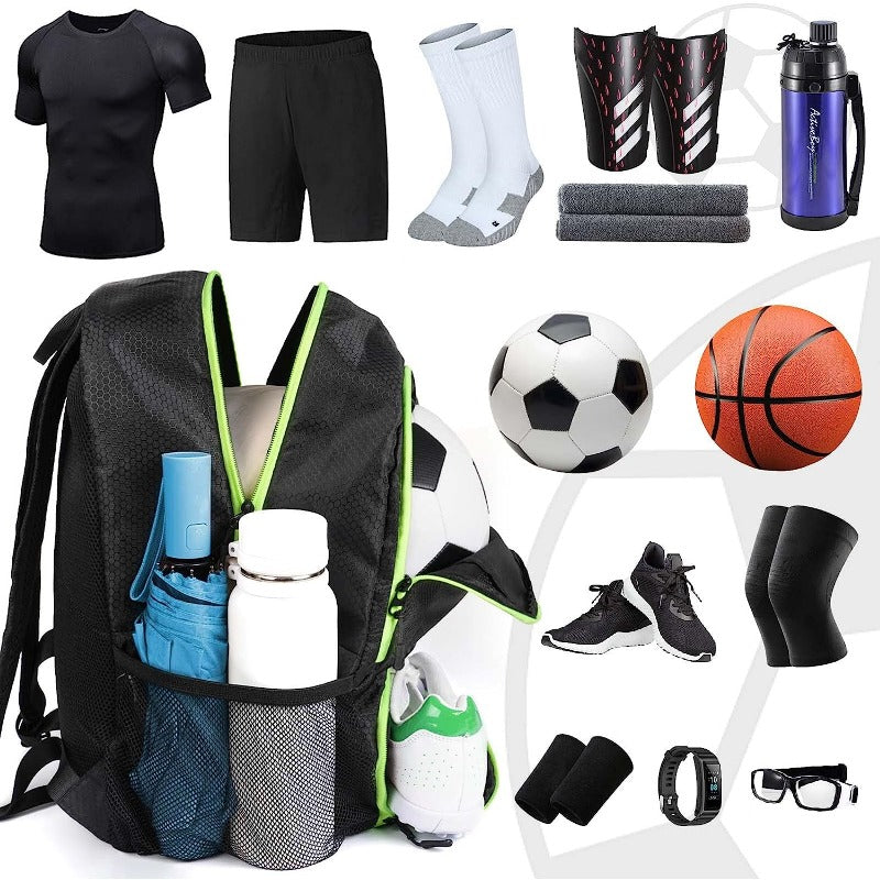 GearGoal™ All Sport Backpack in black with neon trim holding balls, shoes, bottles, and sports gear for versatile game day use.