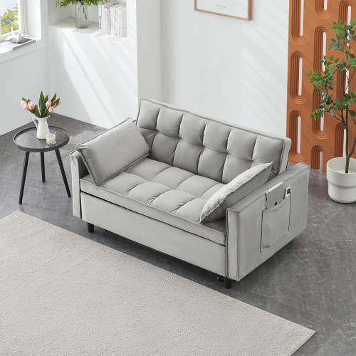 HighPeak Folding Sofa Bed in light gray with velvet finish, side pocket storage, and padded cushions in modern living room.