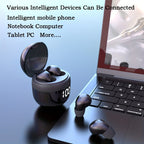 Mini Wireless Earbuds by HighPeak in black with digital charging case next to laptop showing wireless connectivity options