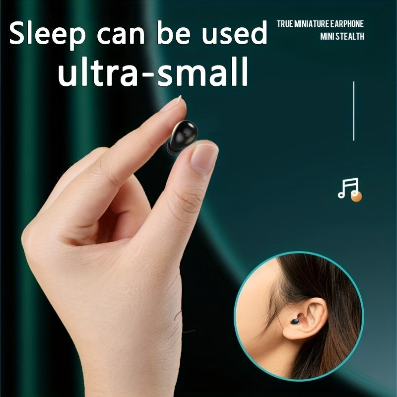 HighPeak Mini Wireless Earbuds shown held between fingers and worn in ear, ultra-small black stealth design for sleep and comfort