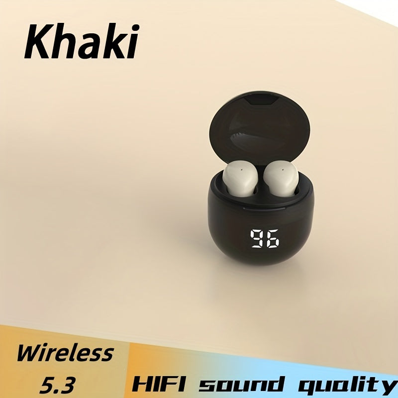 HighPeak Mini Wireless Earbuds in khaki with black digital charging case showing battery level on a beige surface