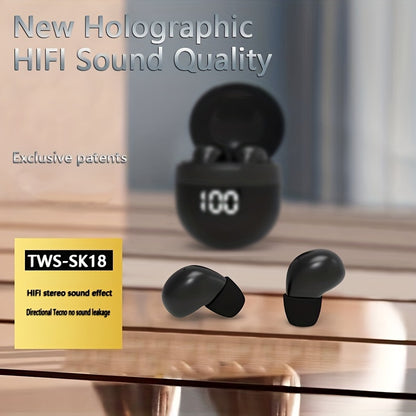Mini Wireless Earbuds by HighPeak in black with charging case showing battery level on a wooden surface